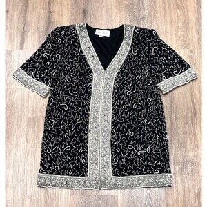 Laurence Kazar Jacket Womens Medium Black Silver Silk Beaded Faux Pearl Party
